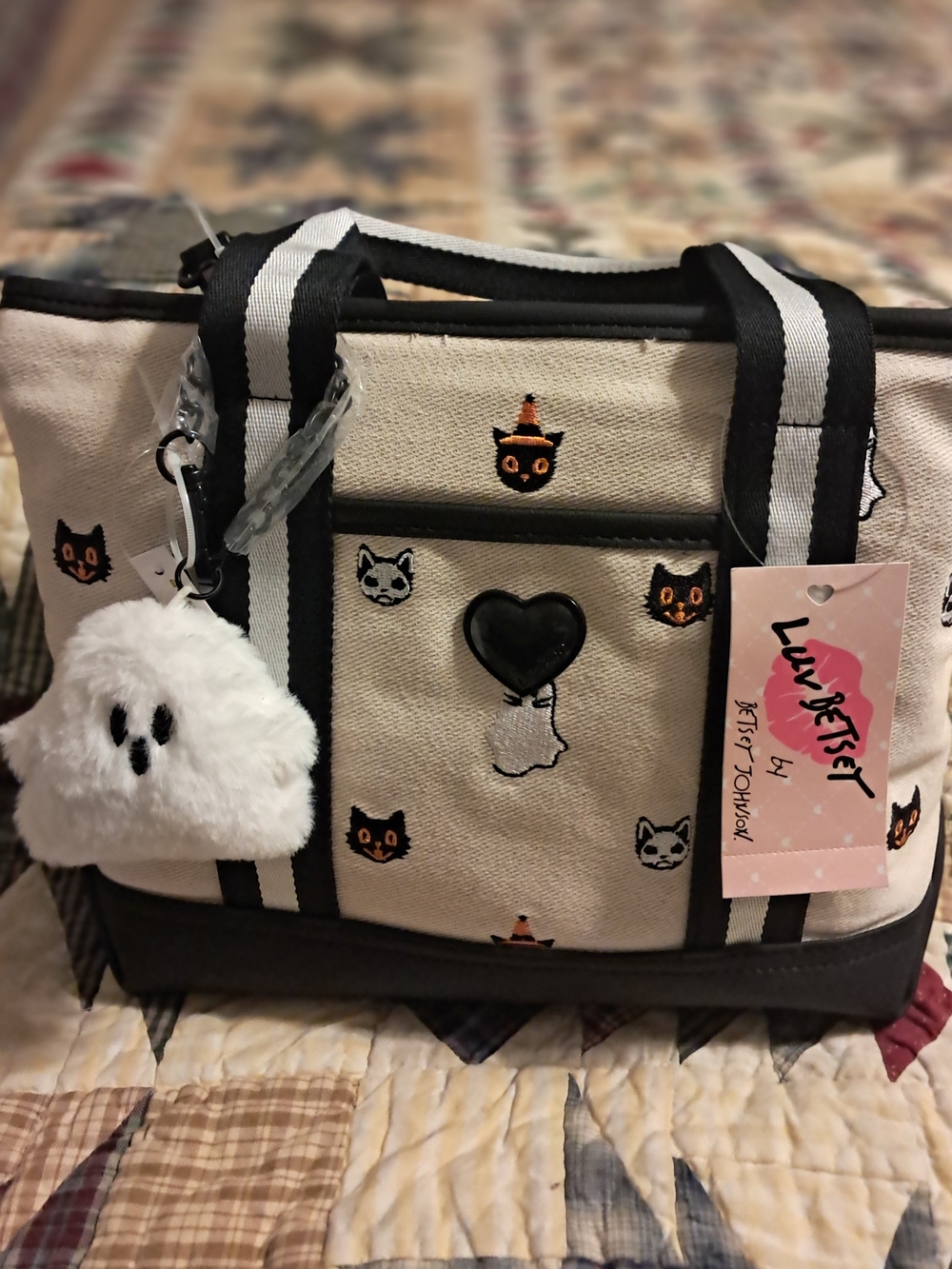 BETSEY JOHNSON HALLOWEEN CATS CANVAS TOTE BAG CROSSBODY PLUSH GHOST CHARM NWT